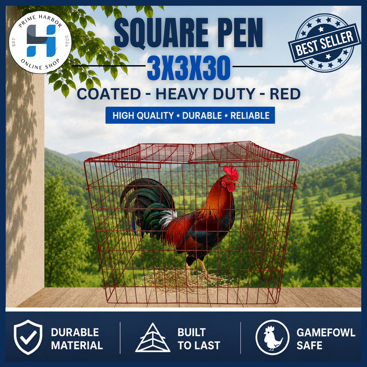 Heavy-duty Square Pen 3x3x30 / Coated Red /  Cock Cage / Chicken Cage / Gamefowl / Kulungan ng manok