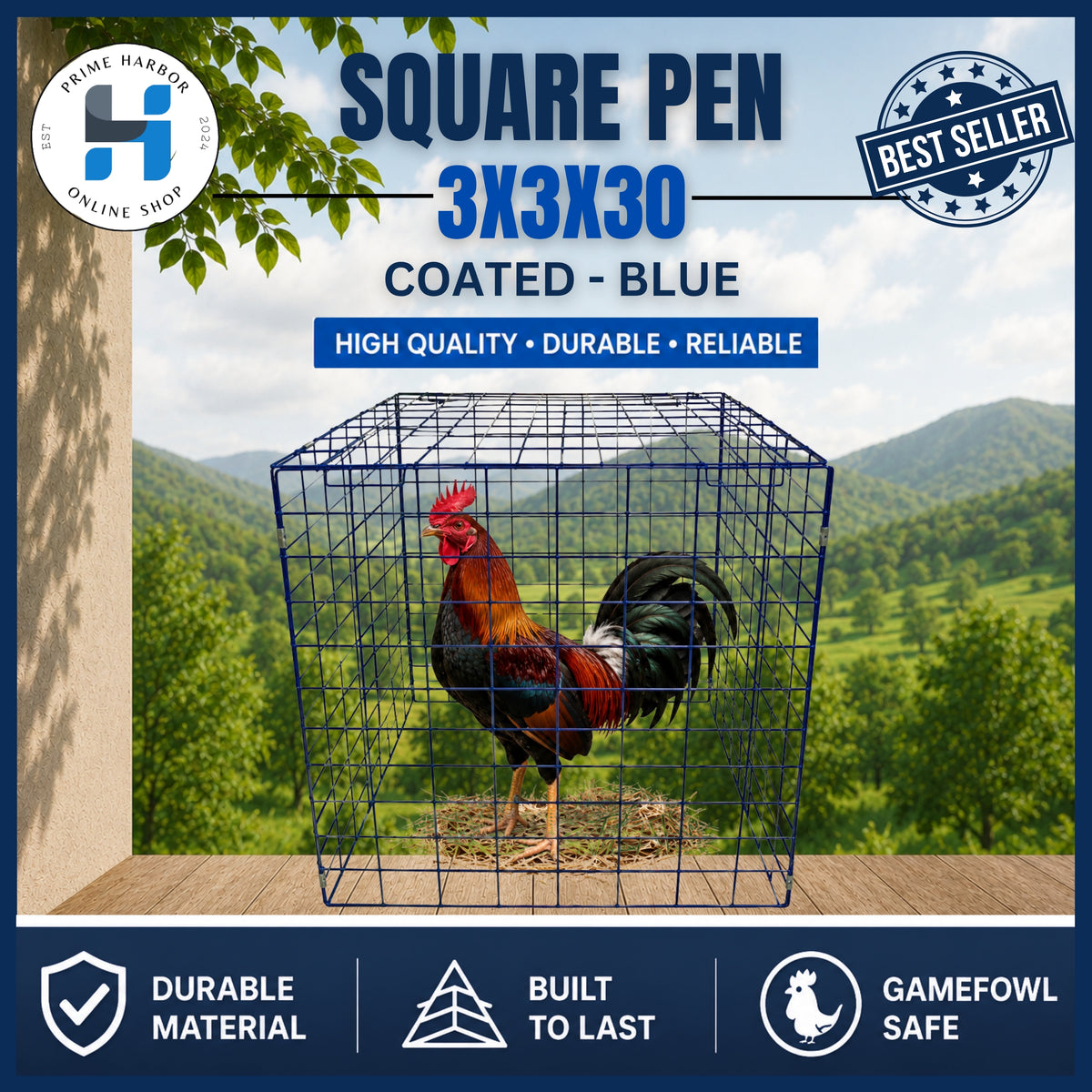 Heavy-duty Square Pen 3x3x30 / Coated Blue / Cock Cage / Gamefowl / Chicken cage / Kulungan ng Manok