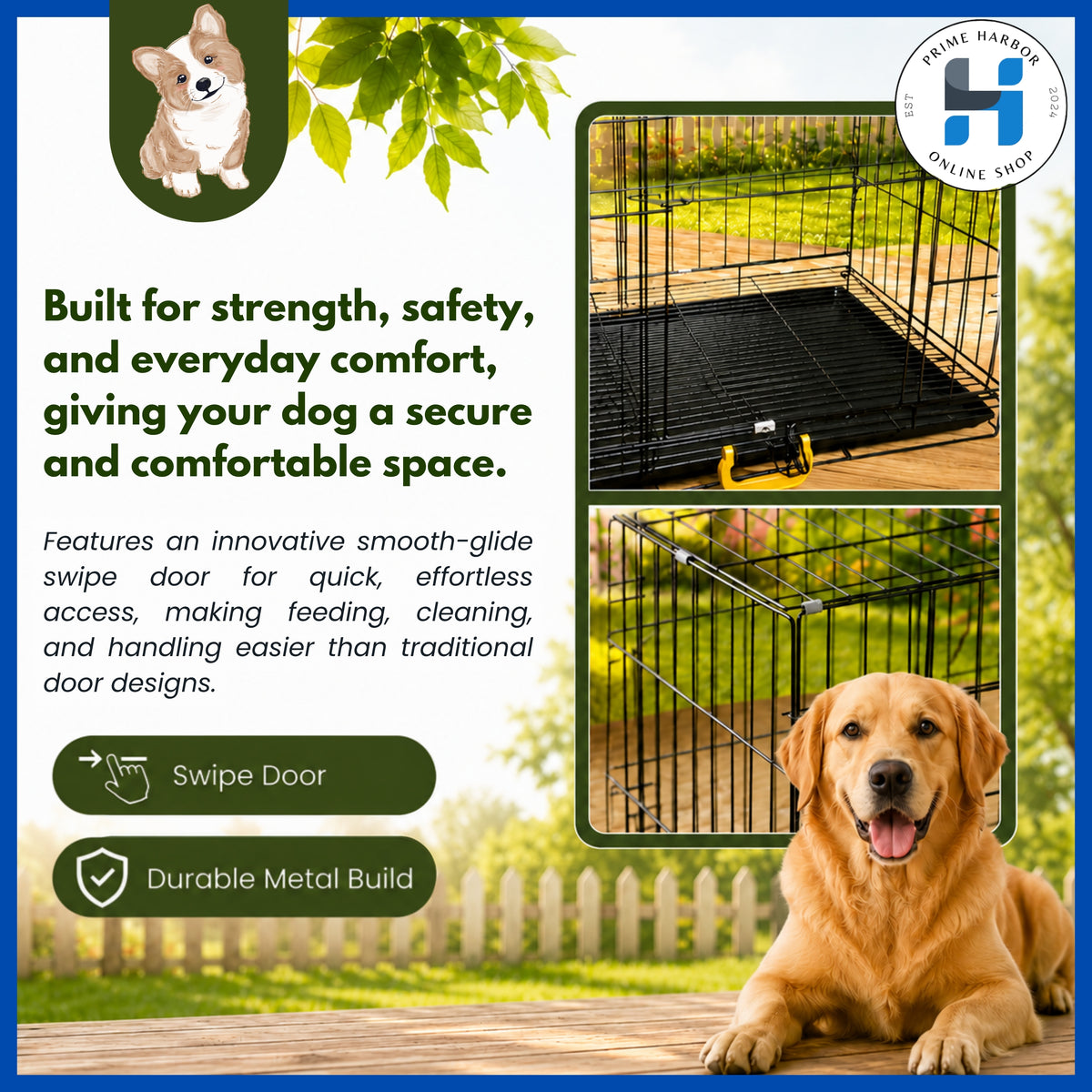 Dog Cage with double poop tray ( Heavy Duty) collapsible cage for dog/ Medium / Large /cat foldable cage coated